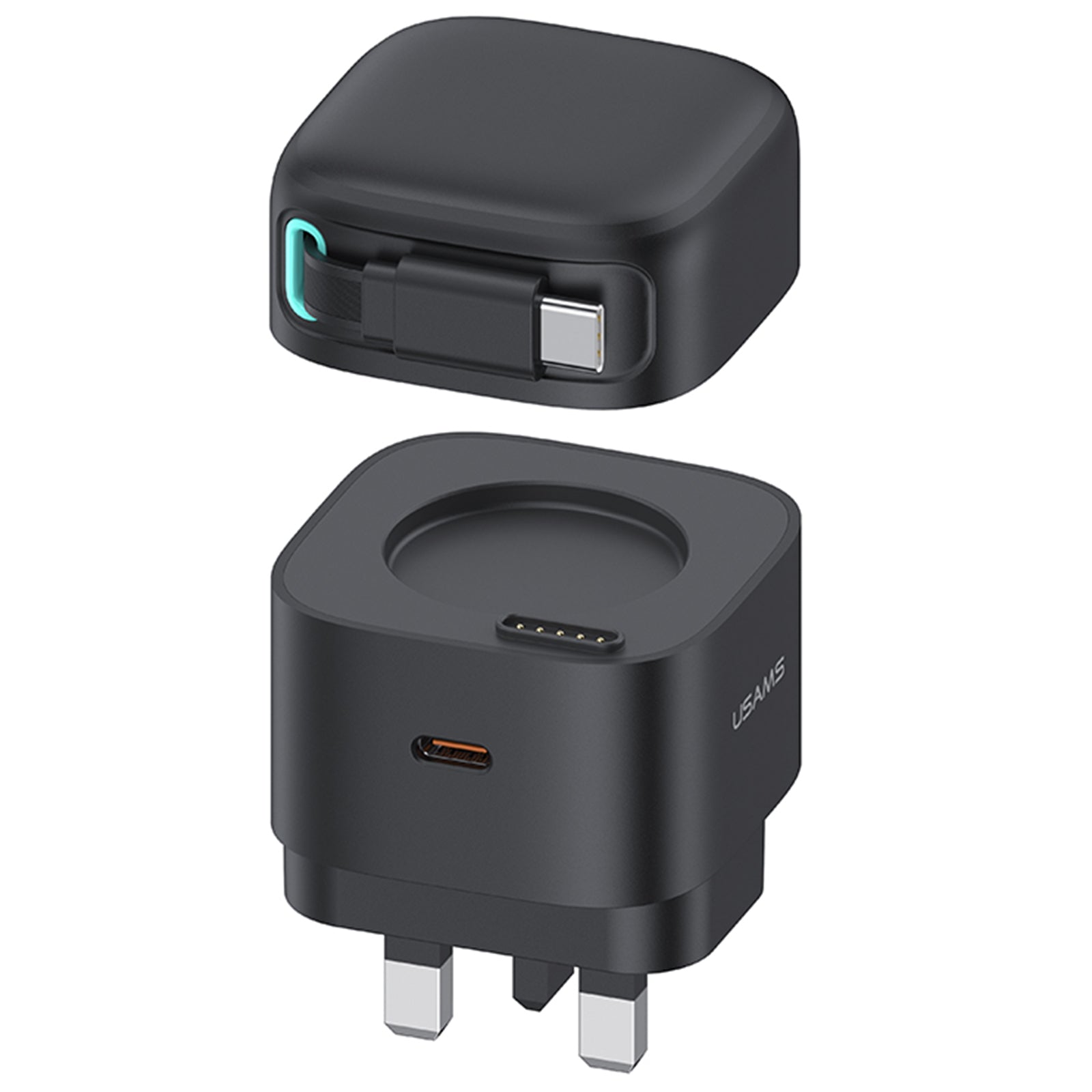 USAMS US-CC204 XMF Series PD 35W Dual Output GaN Fast Charger with Type-C Magnetic Retractable Cable Module, UK Plug USAMS US-CC204 XMF Series PD 35W Dual Output GaN Fast Charger with Type-C Magnetic Retractable Cable Module, UK Plug